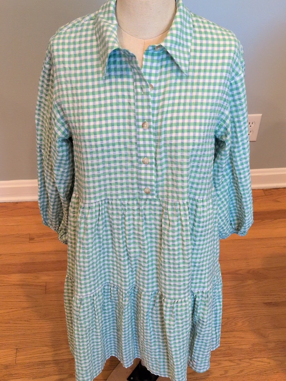 Anthropologie Maeve Bettina Tiered Gingham Mini Shirtdress Green/White Size XS